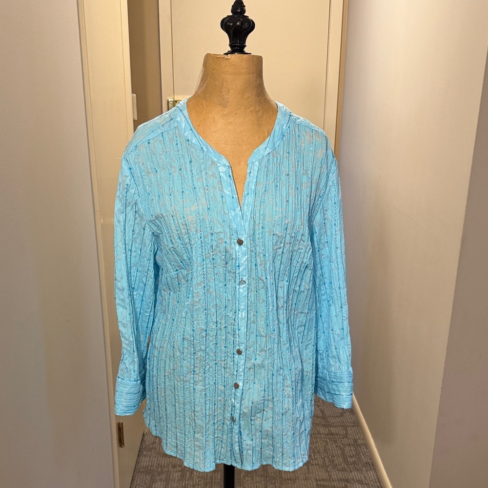 JM Collection Sky Blue Button-Down Shirt  with sequins